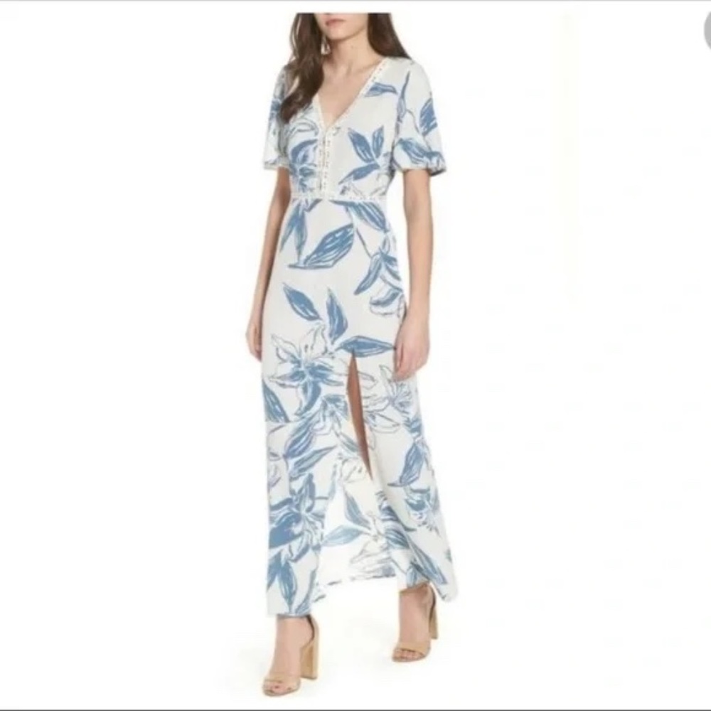 Amuse Society Seaside Floral Print Maxi Dress White and Blue